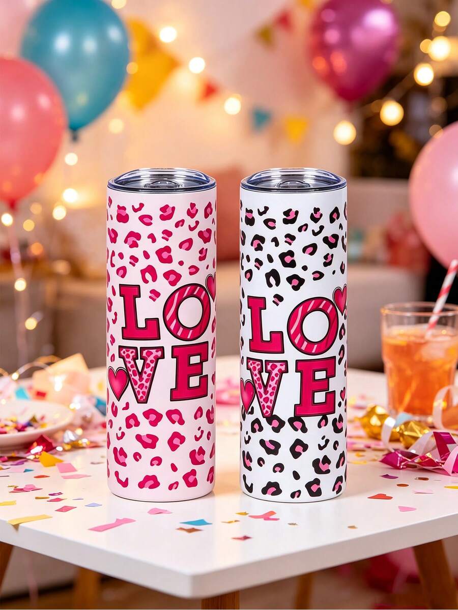 1 pièce Gobelet isotherme en acier inoxydable avec imprimé léopard et lettre LOVE, grande capacité, portable et facile à nettoyer, tasse pour boissons chaudes et froides, cadeau de vacances, cadeau d'anniversaire, convient pour les voyages en plein air, la maison, le bureau et la rentrée scolaire - Multicolore - Voir 1