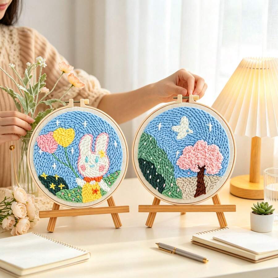 1pc Round Wooden Frame Floral Punch Needle Kit, Pink Background And White Flower Craft Materials For Making A Handmade Botanical Wall Art, Beginner DIY Decor Project For Living Room Or Bedroom, Birthday, Housewarming, Holiday Gift For Friends