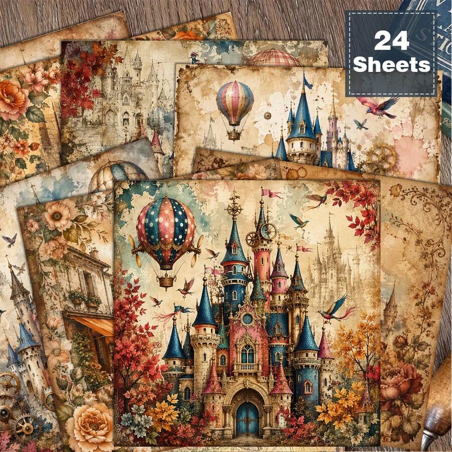 24pcs 6*6 Inch Vintage Magic Fairy Tale Castle Theme Scrapbook/Journal Paper, Suitable For Collage, Origami And Journaling Materials, DIY Paper, Handmade Scrapbook, Bullet Journal, Greeting Cards, Gift Wrapping - Square - View 1
