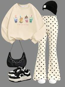 2pcs/Set Teen Girls Casual Outfit, Pearl Milk Tea Pattern Crew Neck Sweatshirt And Polka Dot Flare Pants - Apricot - View 2