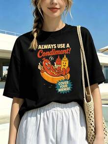 Lustiges Hotdog-T-Shirt mit Rundhalsausschnitt, bequeme Passform, Street-Hip-Hop-Stil, Grafikdesign - Schwarz - Übersicht 6