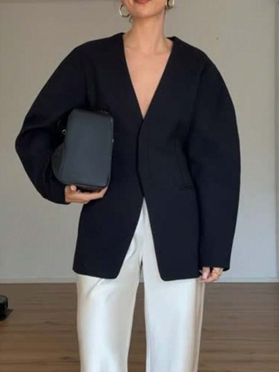 Women's Elegant Casual Long Sleeve V-Neck Cinched Waist Button-Front Blazer, Solid Color With Pockets, Suitable For Daily, Office, Dating