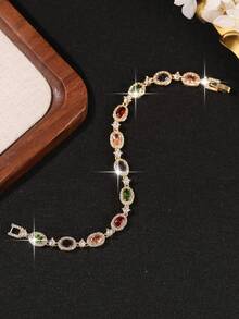 1pc Exquisite Chain Bracelet With Inlaid Oval Multi-Colored Cubic Zirconia, Elegance Jewelry For Bridal Wedding, Birthday Gift, Party & Daily Wear - Multicolor - View 7