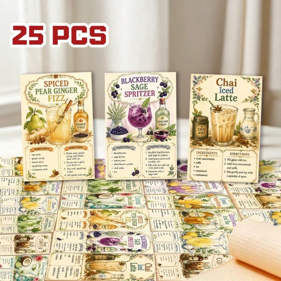 25張調酒食譜垃圾日記卡片，復古花卉邊框與復古水果飲品成分說明，DIY日記手工紙，適用於筆記本裝飾、手工卡片製作、調酒食譜日記，四季通用藝術手工 - H260691-25pcs - 查看 1