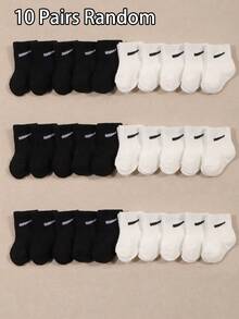 10/20 Pairs Baby/Toddler Solid Color Candy-Colored Casual Mid-Calf Socks, Spring/Summer - Black and White - View 10