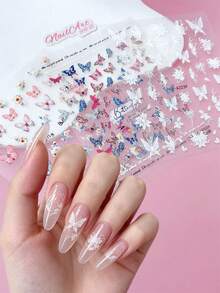 2 Peças Adesivos de Unhas com Relevo 5D, Unhas, Decoração DIY, com Lírios, Borboletas Rosas, Borboletas Brancas, Flores de Lótus e Padrões de Borboletas Coloridas, Adequado para Criar Arte de Unhas Estilo Floresta de Primavera e Verão e Estilo Francês Delicado - Multicolorido - Visão 2