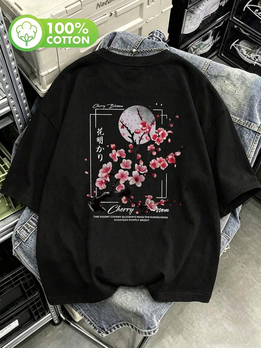 大尺碼女款水洗棉短袖T恤,花卉圖案,雙面印花,復古寬鬆版型,Y2K街頭風,休閒黑色夏季款 - 黑色 - 查看 1