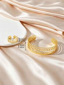 MONALLY 18K Gold Plated Minimalist Premium Hammered Hollow Chain Stainless Steel Open Adjustable Bracelet & Ring Jewelry Set For Women, Commute, Gift, Versatile Accessory - Jewelry Set - View 5