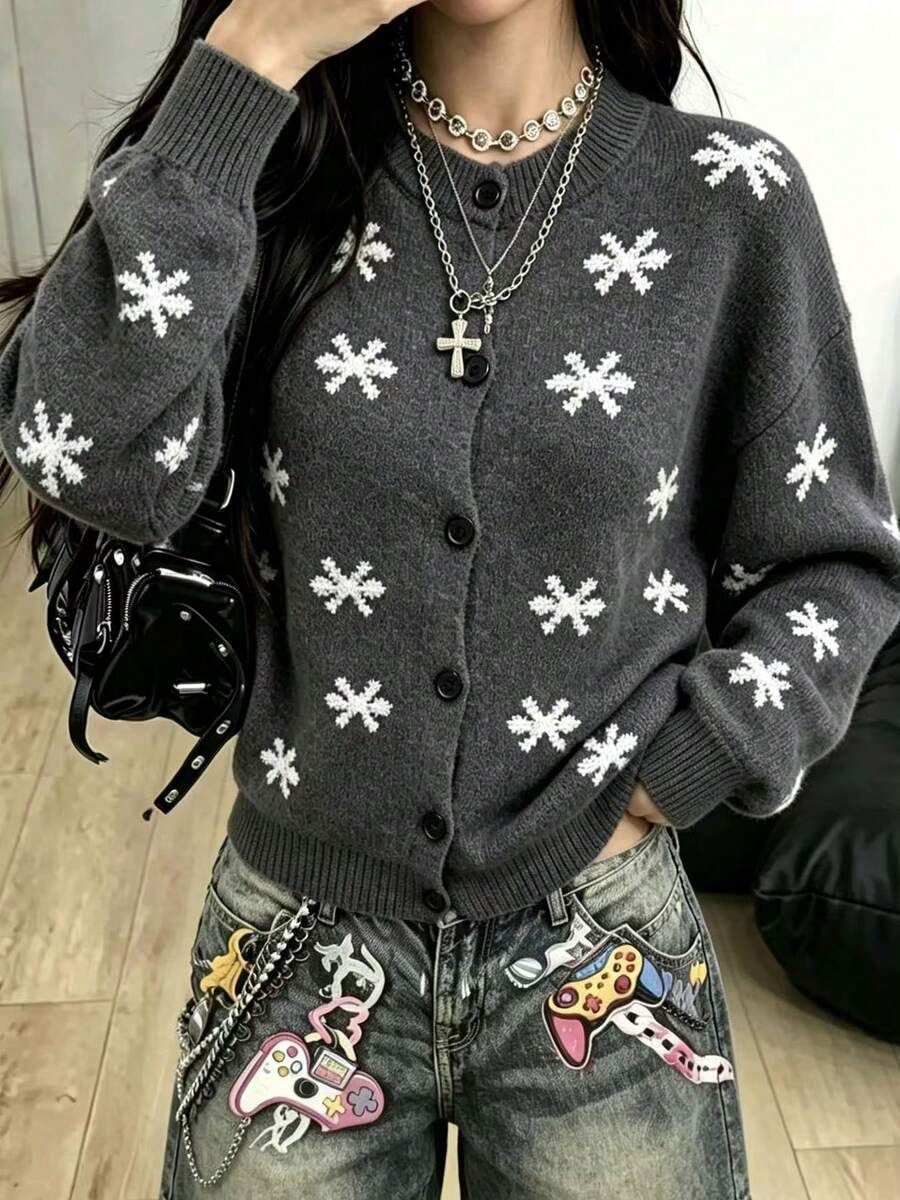 Autumn/Winter Snowflake Print Round Neck Button Long Sleeve Cardigan Sweater Jacket, Fashionable Elegant Minimalist Lazy Loose Versatile Elegant Knitwear - Grey - View 1