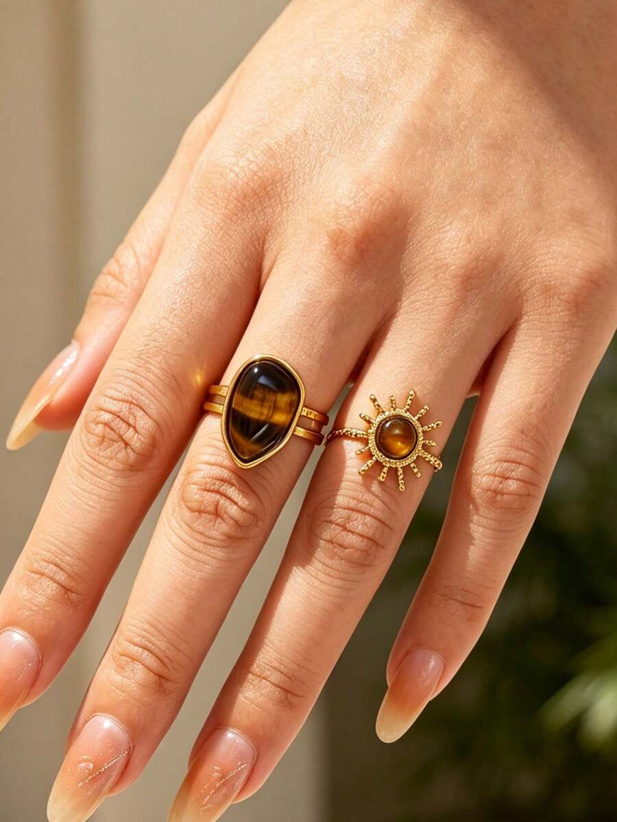 1pc 2Pcs/Set Fashion Amber Color Water Drop Stone Ring For Women Gold ...