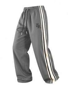 Men's Spring/Autumn Letter Print Striped Drawstring Waist Pocket Casual Straight Leg Long Pants - Grey - View 3