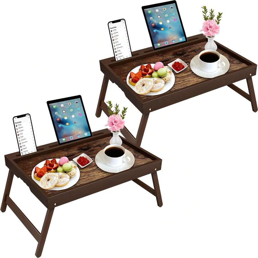 2 Pack Foldable Bamboo Bed Tray Table With Detachable Stand Portable Breakfast Serving Desk For Eating Working And Laptop Use - Brown - View 1