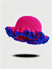 Contrast Color Knit Large Ruffle Edge Versatile Handmade Crochet Hat (Random Hat Color) - Multicolor - View 14