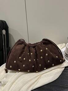 女款小眾啞光鉚釘手提包，復古簡約休閒百搭單肩水桶包，柔軟 - 咖啡 - 查看 7
