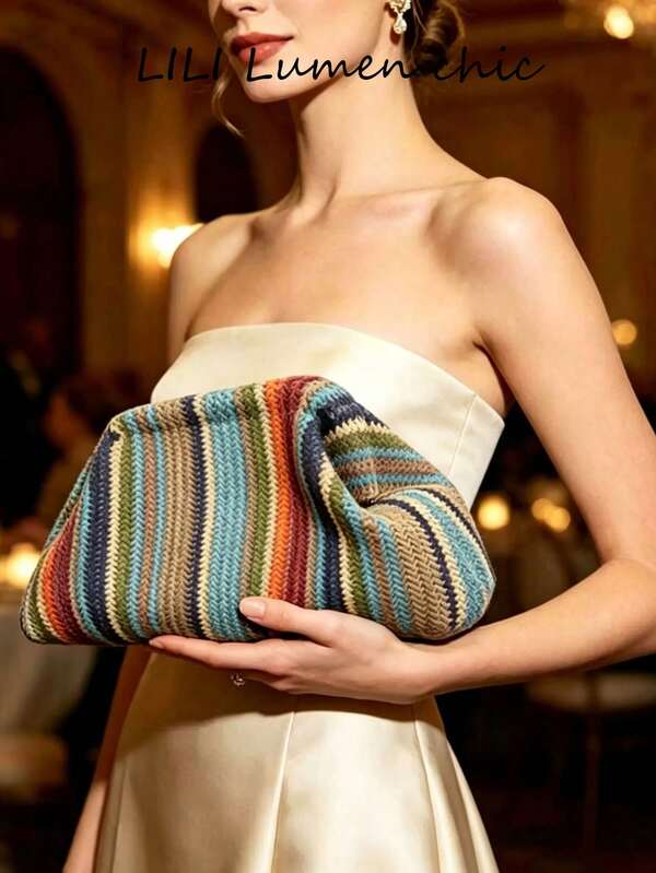 Multicolor Striped Knit Frame Clutch Bag, Soft Ruched Crochet Evening Handbag For Wedding Banquet Formal Occasions