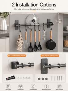 Drill-Free/Drillable Kitchen Hanging Hook Rack, Wall-Mounted Cookware Hanging Rack, Suitable For Pots, Spatulas And More, Space-Saving Kitchen Storage Organizer, Won't Damage Walls, Easy Installation, Saves Kitchen Space - Black - View 7