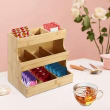 Organizer per bustine di tè in bambù a 3 piani, con 9 scomparti di diverse dimensioni, scatola da tavolo a forma di trapezio per caffè, zucchero e spezie - Colore legno - Visualizzare 9