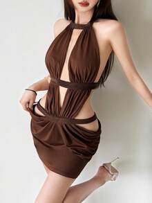Top Dazzle Women's Glamorous Knit Halter Neck Mini Dress, Hollow Back Design, Creating Fashionable Look - Brown - View 4