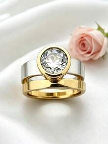 2pcs Elegant Stackable 14k Gold Plated Rings, Inlaid With Sparkling Synthetic Cubic Zirconia, Engagement/Wedding Rings, Evening Party Decoration, Luxury Jewelry Gift For Your Loved One - Gold - View 13