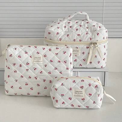3pcs Cherry Print Travel Storage Set - Large Capacity Makeup Bag, Portable Zippered Cosmetic & Toiletry Bag, Lightweight, Suitable For Camping And Weekend Trips, Makeup Bag