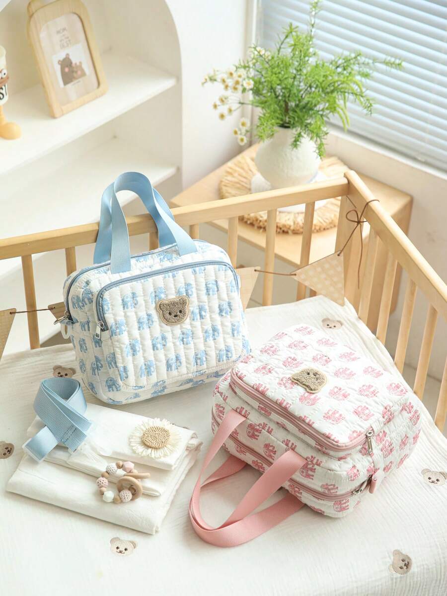 1pc Soft Quilted Floral Mommy Bag, Shoulder & Crossbody, Stroller Hanging - Multicolor - View 1