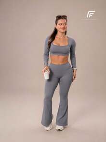 Plain Zero-Transparency Polyamide Flare Long Sleeve Fitness Gym Set - Grey - View 2