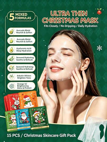 SADOER 15 piezas Mezcla de Máscaras Faciales de Papá Noel de Navidad y Oso de Dibujos Animados con Arbutina Blanqueadora e Hidratante