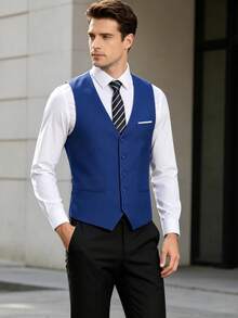 Men's Solid Color Slim Fit Single Piece Suit Vest, Formal Vest Suitable For Wedding Groom, Ball, Evening Party, Business And Daily Wear - Blue - View 5