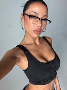 Women's Solid Color Removable Padded Zipper Collar Criss-Cross Back Sports Knit Bra Black - Black - View 3