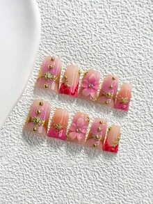 10件裝奢華手工穿戴式美甲，Polygel美甲套組，太陽、海星、手繪花卉，紫色與洋紅色指甲油，優雅風格，附美甲工具，3種尺寸可選，杏仁形、鴨嘴形、棺材形，適合派對、跳舞、日常穿戴 - 彩色 - 查看 2