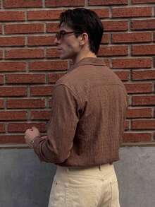 Lookun Men's Textured Crinkle Long Sleeve Polo Shirt, Loose Fit Vintage Solid Color Single Pocket Casual Shirt, Spring/Autumn Layering Versatile Long Sleeve - Brown - View 3
