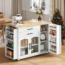 Flieks Mobile Kitchen Island With Foldable Worktop, Kitchen Trolley, 5 Wheels, Multiple Storage Racks, Spice Rack, Cutlery Storage Drawer, 120 X 45 (70) X 90 Cm - White - View 7