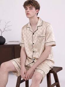 2pcs/Set Men's Summer Short Sleeve & Shorts Satin Jacquard Letter Print Casual Comfortable Pajamas, Fashionable Lapel Home Wear Outfit For Men - Champagne - View 4