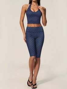 TimeOff Women's One Set Polka Dot Halter V-Neck Backless Tank Top & Bermuda Shorts Sports Set - Navy Blue - View 8
