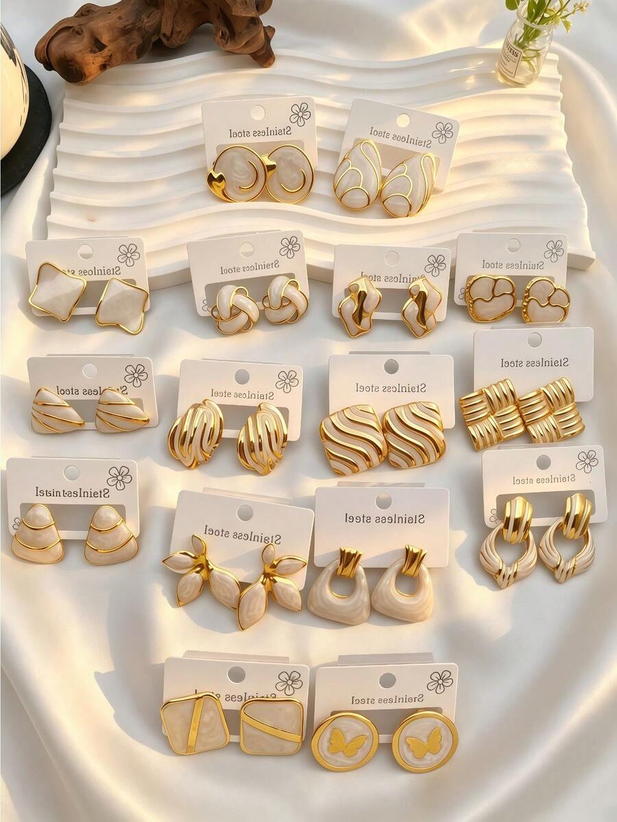 2/4/16/20 pièces Boucles d'oreilles en acier inoxydable texturé crème-blanc de luxe, bijoux pour femmes, boucles d'oreilles pour femmes, pour la mode de fête des femmes - Multicolore - Voir 1