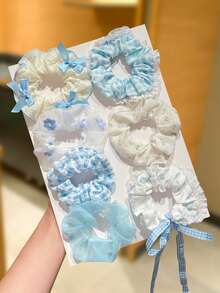 14/7pcs Women's Floral Print Lace Trim Scrunchies, Pink Hair Ties, Blue Hair Ties, Bow Ribbon Hair Ties, High Elasticity, Sweet And Cute Style, Suitable For Daily Hairstyles, Women's Hair Accessories. Perfect For Casual Wear, Shopping, Campus, Dating, Party, Travel And Vacation. Great For Photo Atmosphere. - Multicolor - View 3