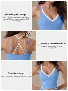 Women's 2-In-1 Double Strap V-Neck Removable Liner Sports Yoga Tank Top, High Support Y-Back Padded Fitness Training Vest - Blue - View 3