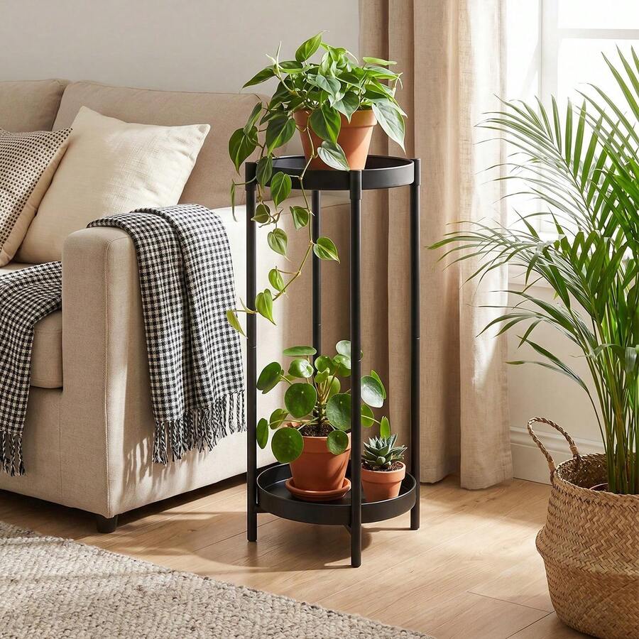 LIVINGANDHOME 2-Tier Metal Plant Stand, Round Flower Pot Holder, Indoor ...