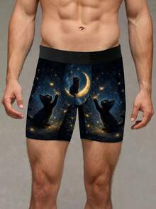 Men's Novelty Shorts, Forest-Style Moonlit Night Little Black Cat Printed Underwear, Knitted Fabric, Sporty Casual Men's Long Boxer Briefs - Multicolor - View 2