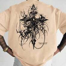 HAFIME Men's T-Shirt With "Gothic Cross" Print, Unisex Men's Shirt, 100% Cotton, Top Premium Streetwear, New Release, Gothic Style - 米色 - 查看 5
