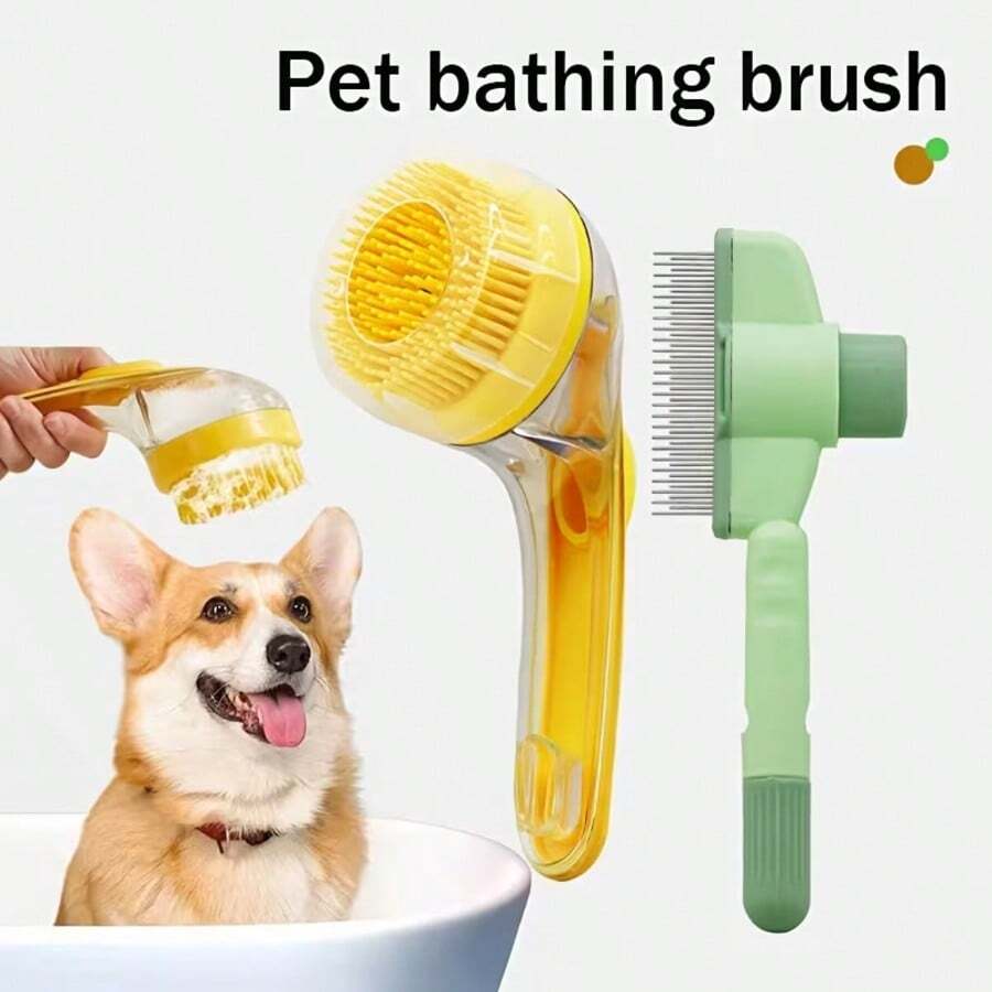 2 Peças Conjunto de Escova de Limpeza e Massagem para Animais de Estimação, Escova de Banho para Cachorro, Suprimentos de Higiene para Animais de Estimação, Escova Slicker, Escova de Banho para Cachorro com Dispensador de Shampoo Integrado/Escova de Higiene para Animais de Estimação/Conjunto de Suprimentos de Limpeza Adequado para Cães e Gatos de Pelo Longo e Curto - Visão 1