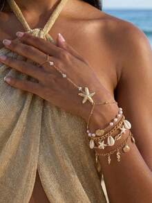 5pcs/Set Bohemian Beach Vacation Starfish Shell Bracelet Layered Conch Pearl Ring Jewelry Set, Suitable For Summer Beach - Yellow Gold - View 6