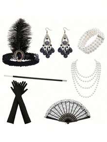 7-Piece 1920s Vintage Women's Costume Set - Halloween Party Outfit - Multicolor - View 8