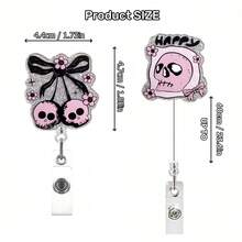 1 pièce/3 pièces/4 pièces Enrouleur de badge rétractable avec clip, motif crâne Halloween pailleté en acrylique noir et rose, convient aux professionnels de santé - Multicolore - Voir 3