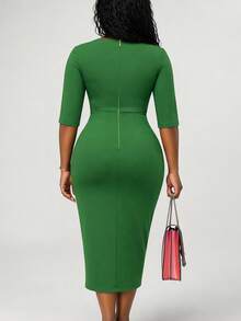 NOU Women's Mid-Length Dress With Waist Ruffle Sash Decor, Formal Church Attire, Pleated Midi Elegant Work Dress, Solid Green Pleated Dress, Fabric Wi - Green - View 5