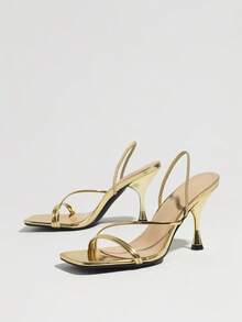 Jin Bei Qi Women's Slip-On Gold Square Toe Stiletto High Heel Sandals, Sexy Party Fashion Minimalist Comfortable High Heels, Leg-Lengthening Gold High Heels, Suitable For Gatherings, Dates, Vacations And Commuting - Gold - View 8