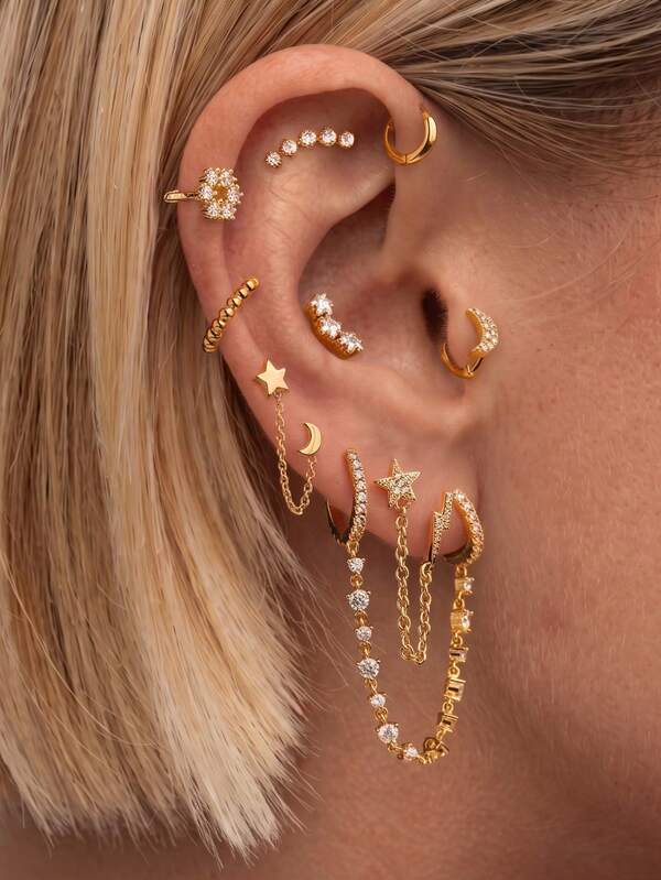 9pcs Exquisite Earring Sets, Earrings Stack, Stylish Stack, Golden Silvery Zirconia Star Moon Chain Drop Stud Hoop, Daily Wear Gifts