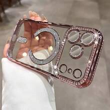 Electroplated Glitter Rhinestone Magnetic Wireless Charging Phone Case, Compatible With IPhone 17 Pro Max 17 Pro Air 17, 11-17 Series Soft Shell - Pink - View 5
