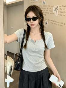 Solid Color Regular Shoulder Short Sleeve Women's Versatile Round Neck Slim Fit Flattering Elastic White Semi-Sheer T-Shirt Top Summer Casual - Light Grey - View 7
