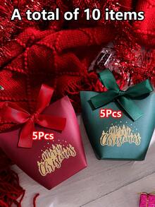 10/20/30pcs Christmas Tree & Merry Christmas Pattern Gift Boxes And Bags With Red And Green Ribbons, Suitable For Packaging Jewelry And Other Small Gifts; Luxury Christmas Gift Bags With Gold Foil Design And Ribbons, Suitable For Packaging Christmas Gifts - View 13